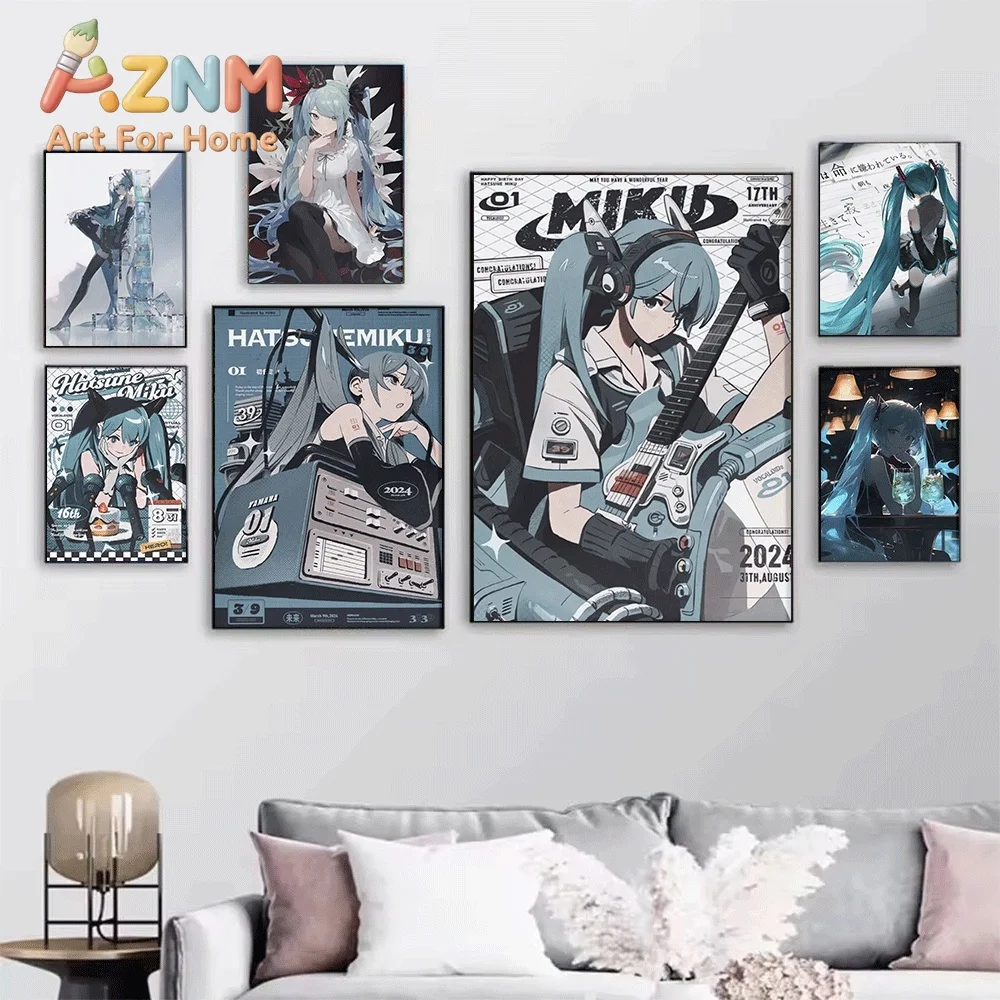 Hatsune Miku Samurai Magazine Guitar Collage Canvas Painting Unframed Anime Vocaloid Wall Art Poster for Bedroom Home Wall Dec