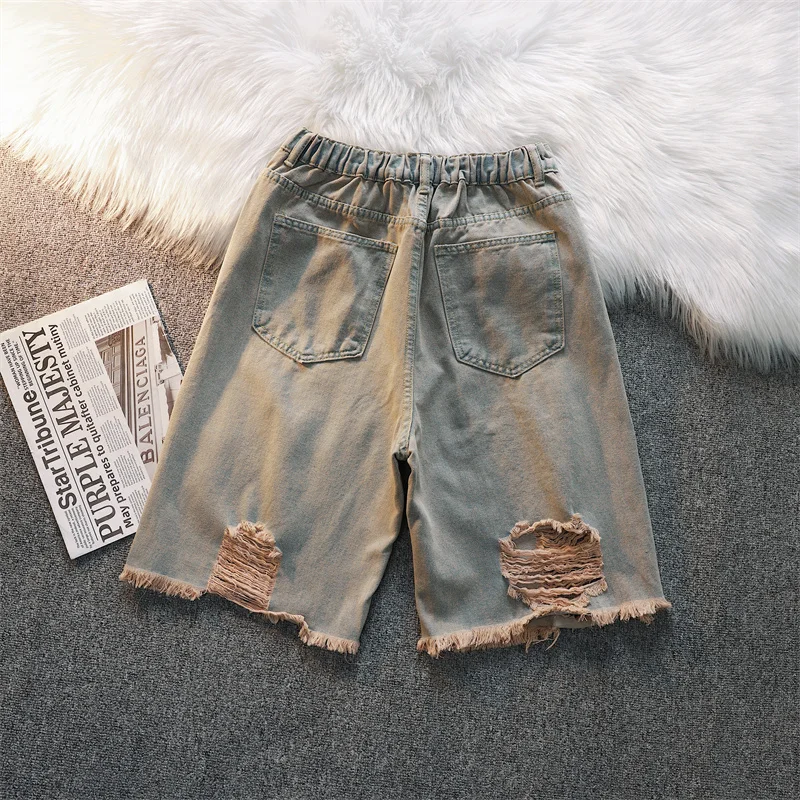 2024 Men Summer Streetwear Fashion Hole Denim Shorts Male New Pockets Casual Short Jeans Mens Loose Knee Length Shorts F11
