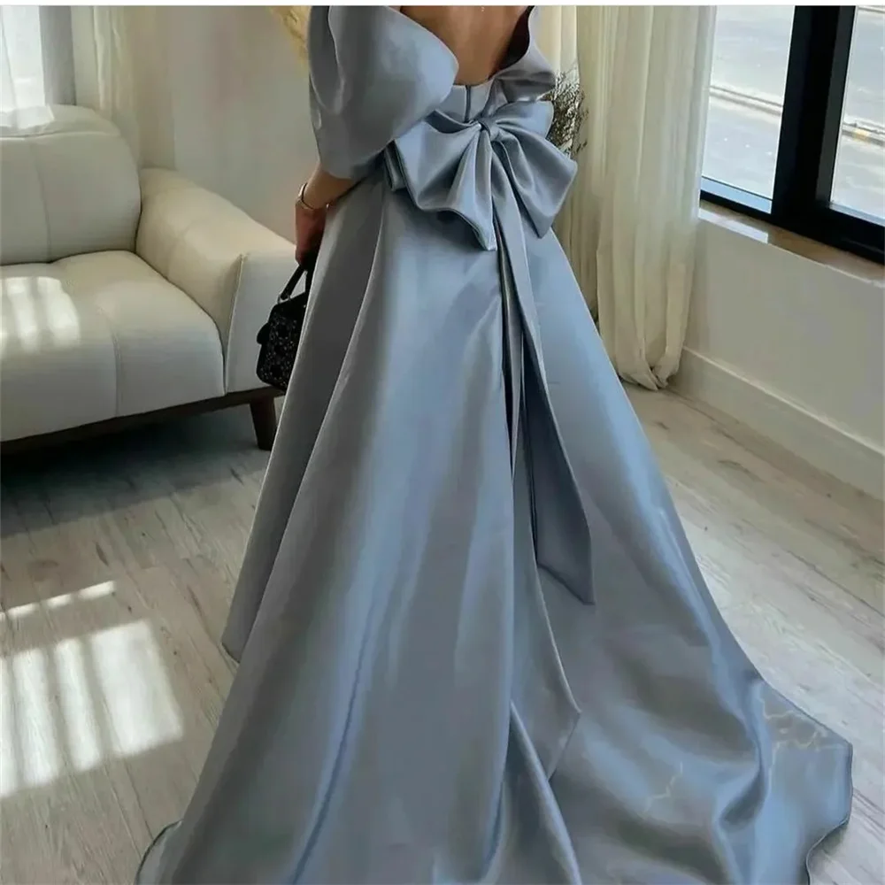 Amanda Vintage Long Light Blue Satin Evening Dresses With Bow High Low Off Shoulder Formal Party Dress for Women