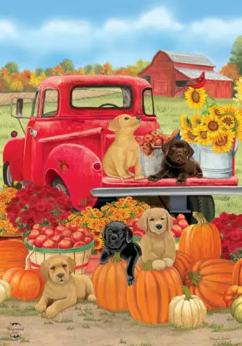 BRIARWOOD FALL PUPPIES TRUCK PUMPKIN DOG FARM MUMS MINI WINDOW GARDEN YARD FLAG