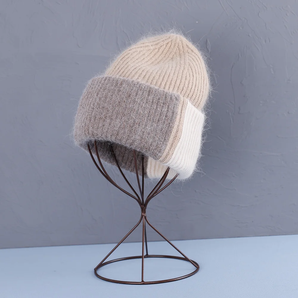 2023 Kaninchenfell-Wintermütze für Damen, Mützen, weich, warm, flauschig, rosa Farbe, Angora-Strickmütze, Skullies-Mützen zum kostenlosen Versand – Detail 5