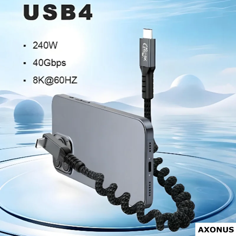 Kabel spiralny USB 4.0 Typ C pod kątem 90 stopni, dwukierunkowy 40 Gbps, ładowanie PD 240 W, wideo 8K@60Hz, sprężynowy przewód spiralny — zdjęcie produktu 6