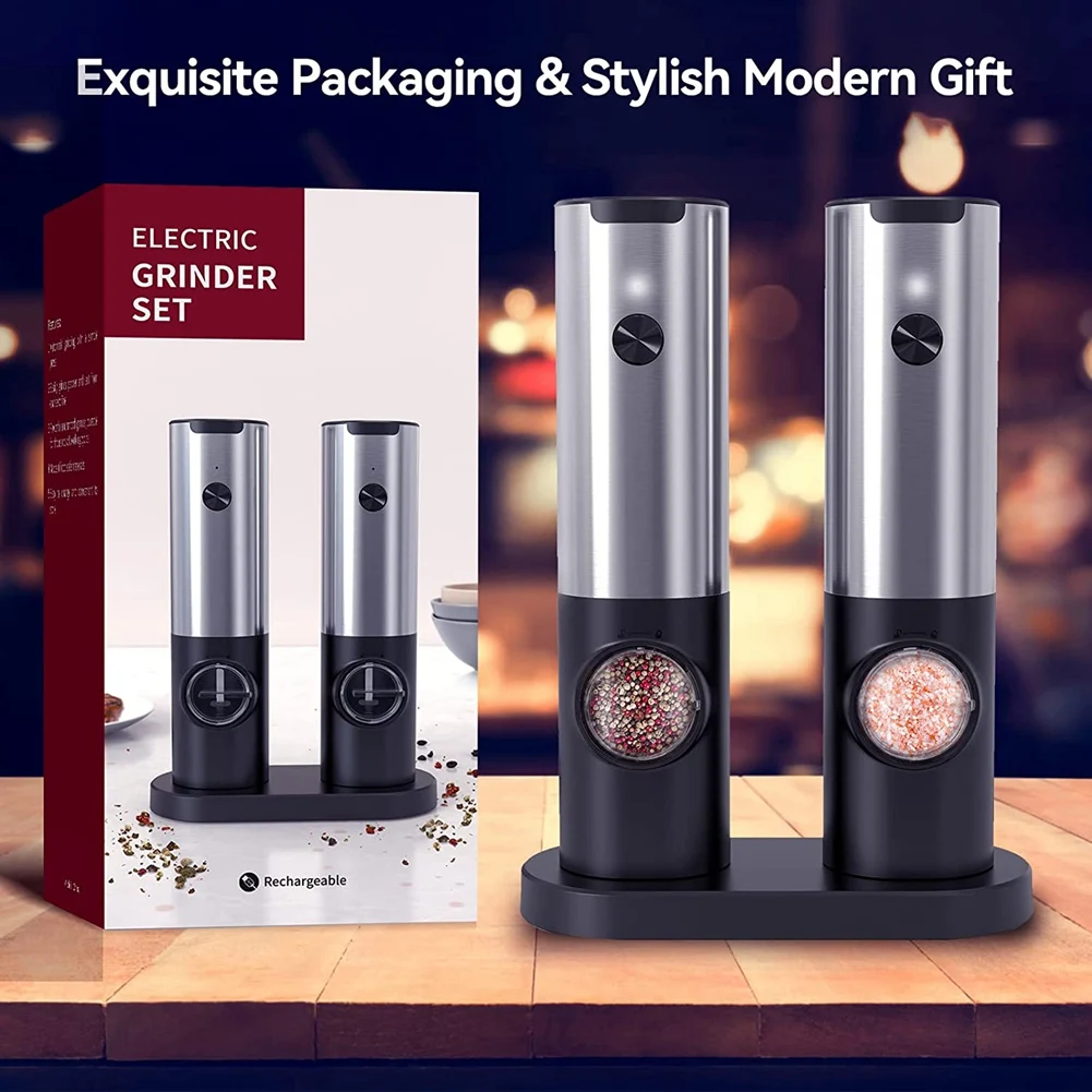 

AB39-Electric Pepper Grinder Set Automatic Salt Pepper Grinder With Double Charging Base, USB Cable