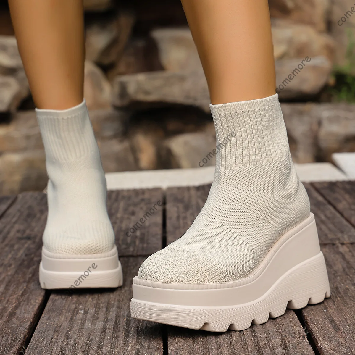 Comemore Sock Boots Autumn Shoes for Women Wedges High Heels Weaving Elastic Short Boots Thick Bottom Casual Round Toe Botines