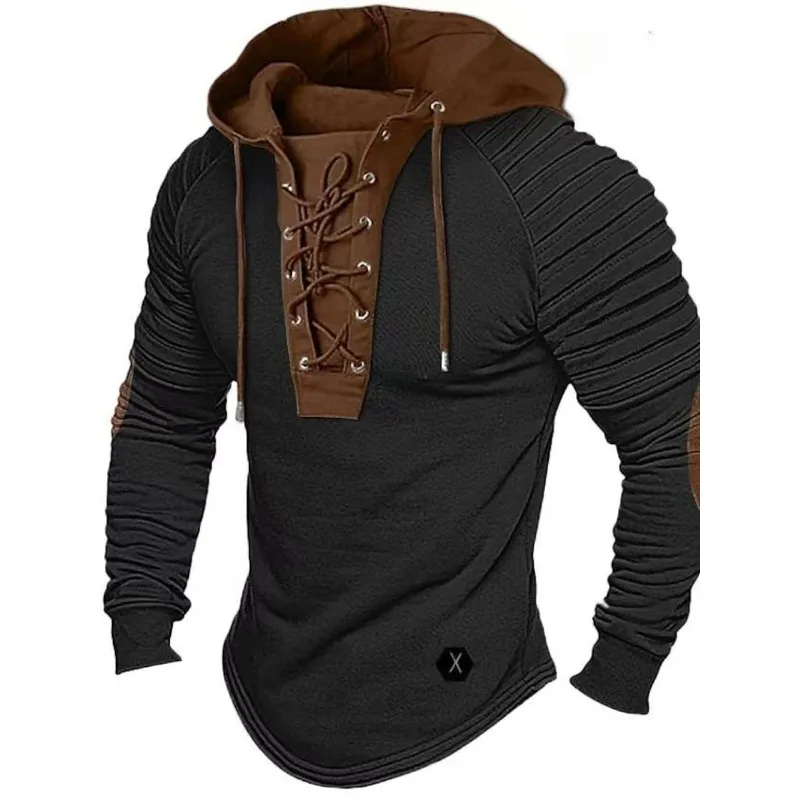 Men's Solid Color Casual T-shirt Top, Long Sleeved Slim Fit Pleated Hood, Street Vacation Lace Up Patch Clothing