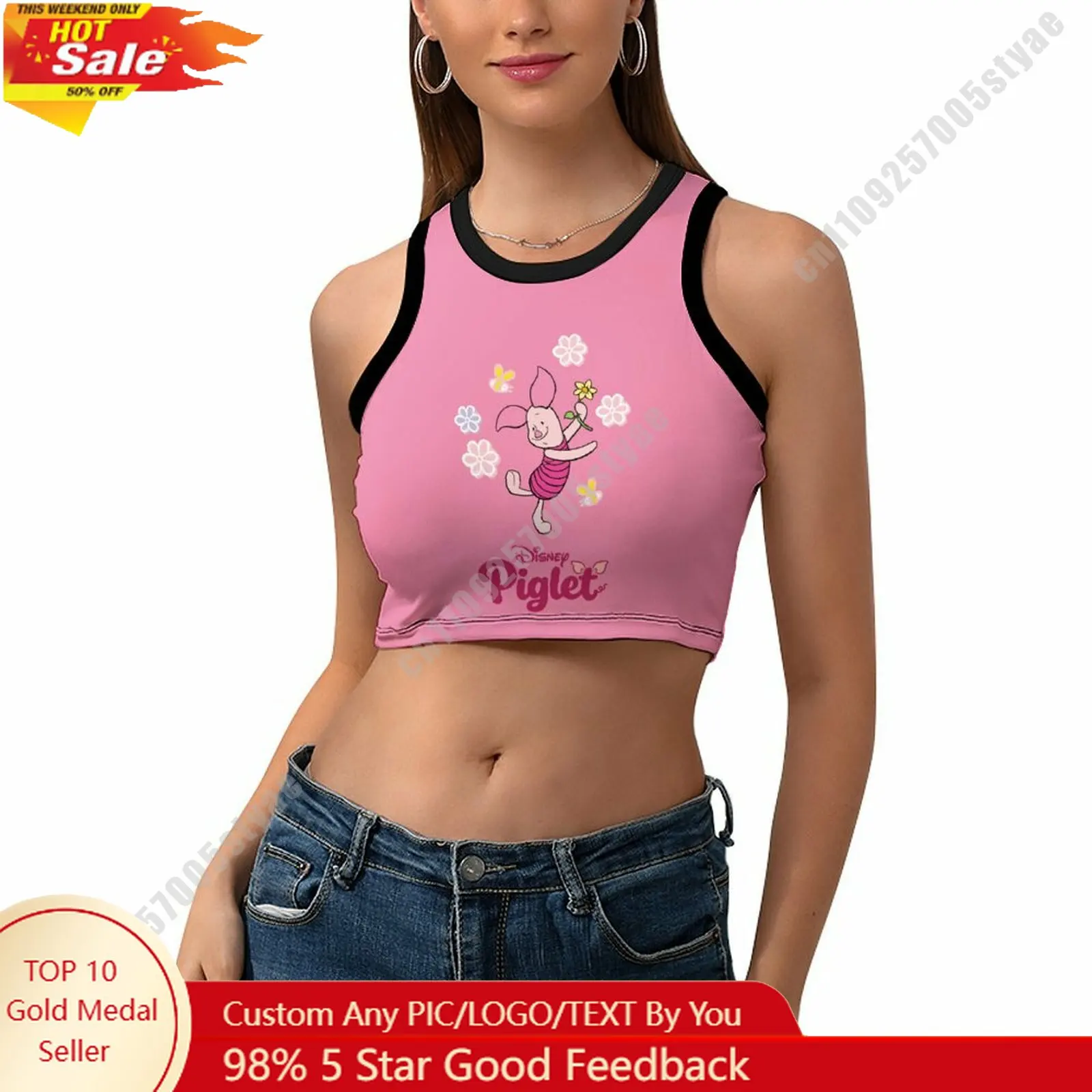 

Piglet Vest Disney Pattern Custom Photo Text Crop Tank Racerback Vest Personalized Graphic Sleeveless Crop Top
