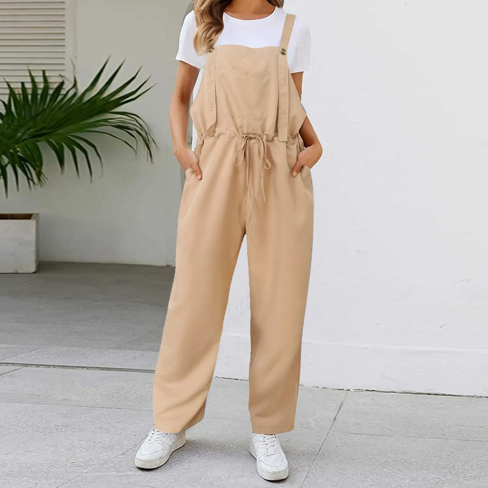 2024 Zomer Dames Lange Jumpsuit Effen Kleur Casual Losse Dunne Maat Mouwloze Bandjes Wijde Pijpen Dames Jarretel Losse Jumpsuit