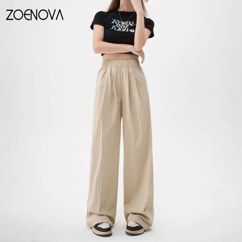 ZOENOVA Harajuku Street Fashion Women's Ice Silk Thin Casual Trousers 2024 Summer New Elastic High Waist Straight Wide Leg Pants