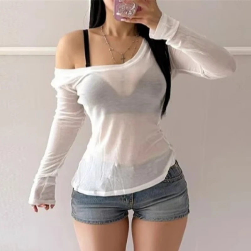 

Zjaiss 2025 Base Layer Full Sleeve O-Neck Top Women Sexy See-Through T-Shirt Summer Korean Solid Basic Sunscreen Female Tees