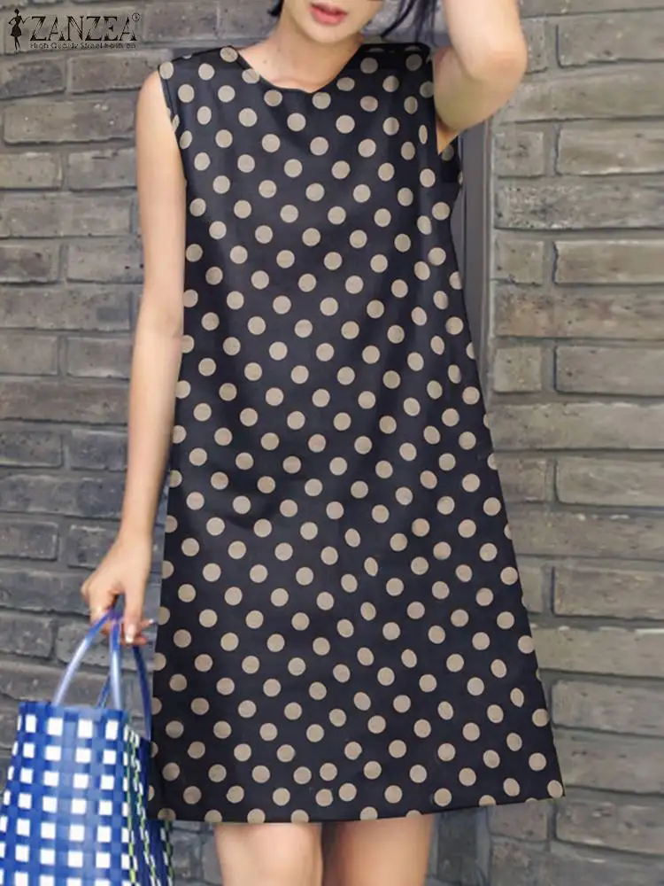 ZANZEA 여성용 여름 물방울 무늬 원피스 민소매 비치 선드레스, 캐주얼 휴일 복장, O넥 탱크 로브, Sarafans 패션