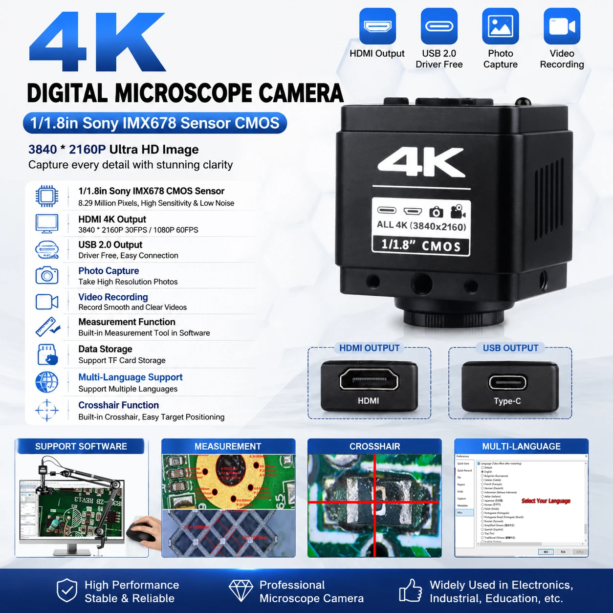 4K UHD Industrial Microscope C-Mount Digital Camera PCB Welding Mobile Phone Repair Soldering Microscope, Extended Pillar stand