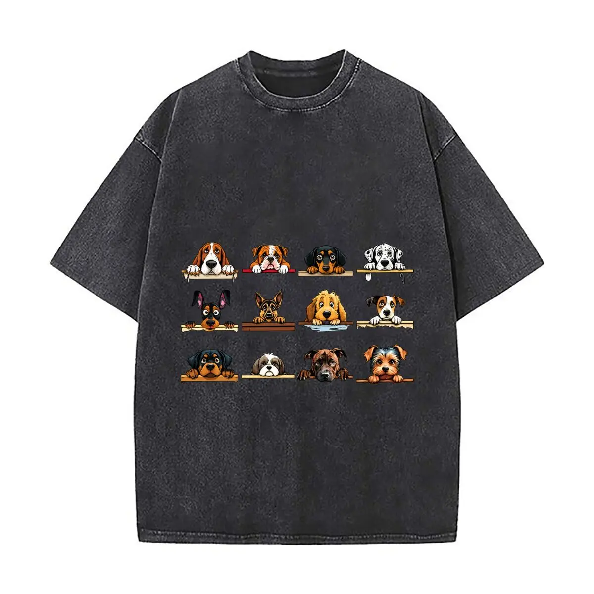 Cute Cartoon Dog Breeds Peeking Over Boards Pattern Washed Distressed Loose Streetwear Tops for City Walks