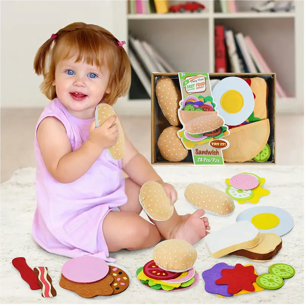 Flanel makanan permainan Sandwich Hamburger Set makanan (28 buah) Natal Halloween hadiah Natal, Halloween, hadiah Thanksgiving