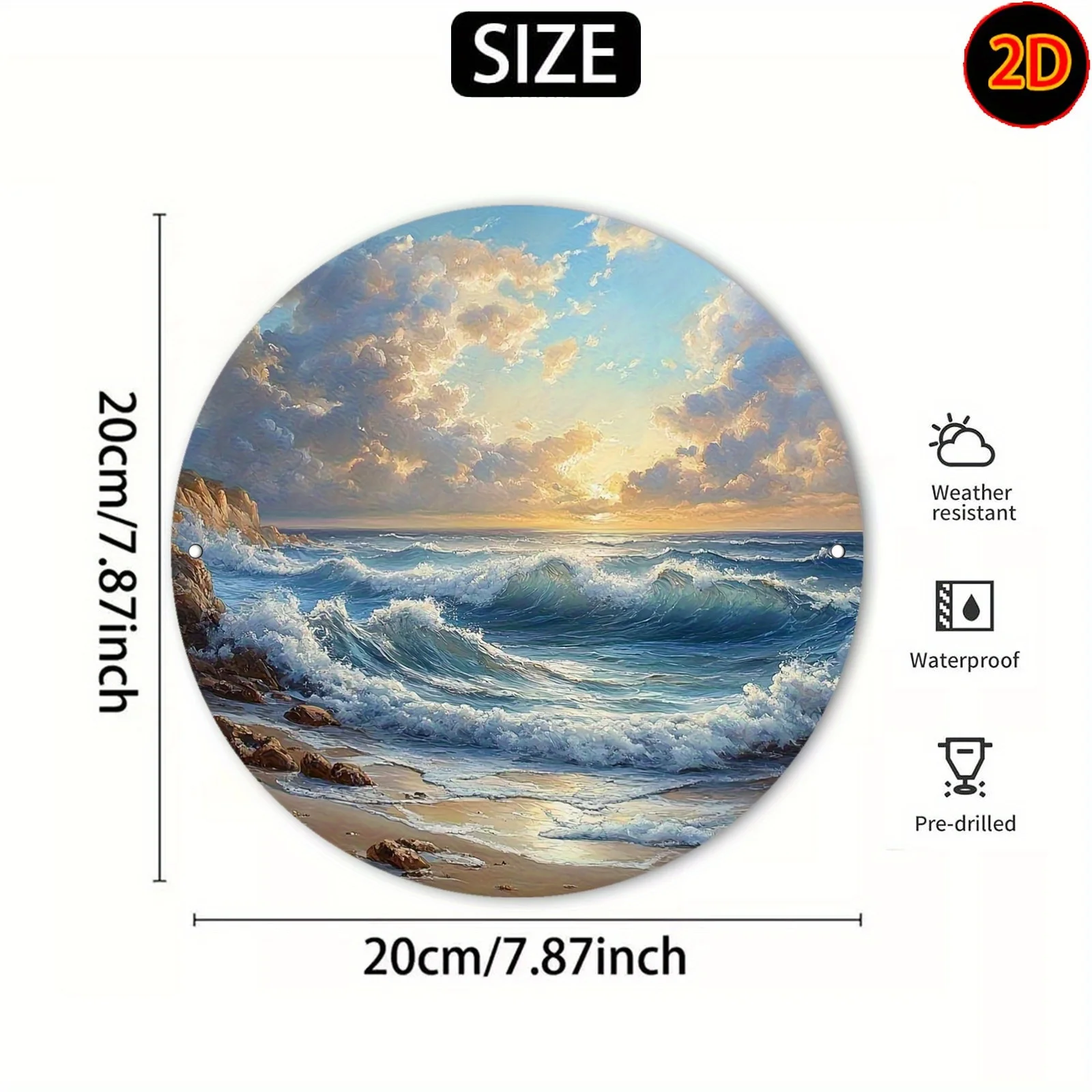 2D Flat, 2D Flat - [2D Flat] A Vintage Round Metal Sign Printed on a 2D Plane, Depicting Waves Crashing Among Rugged Rocks Under