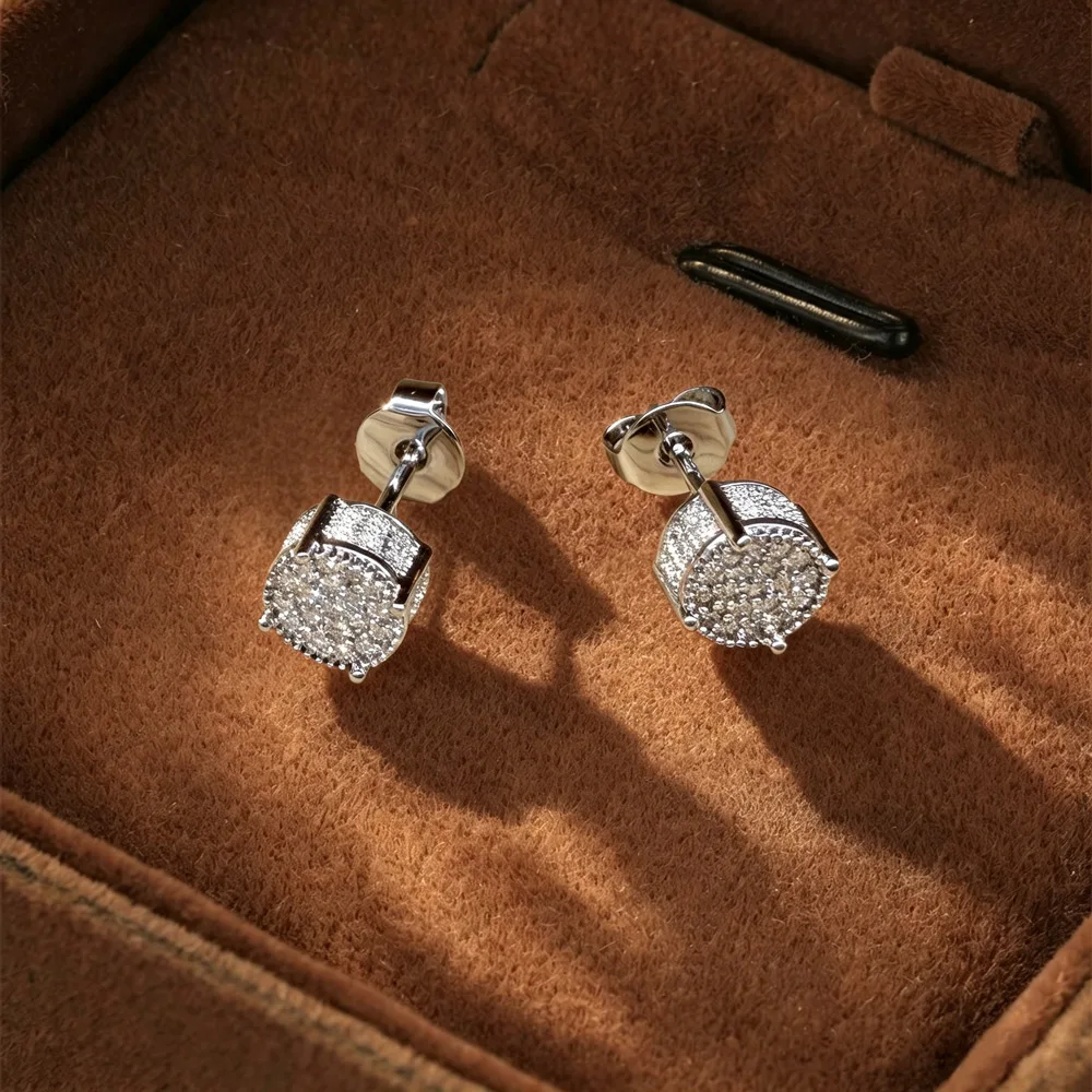 Rrjzz Fancy 0.9mm Pavé Setting Round Cut Stud Earrings Shiny Full Moissanite Everyday Fashion Versatile Women's Ear Jewelry Gift