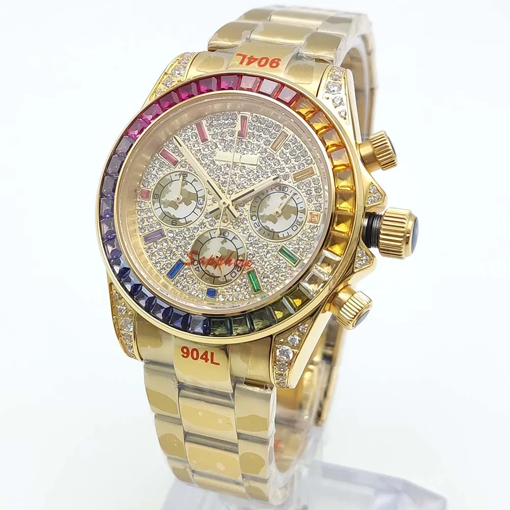 VK63 Watch 6 Needle Chronograph 40MM Colorful Diamond Gem Luxury Men's Quartz Watch Gold coloured watch