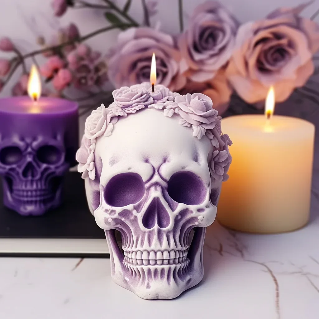 3d Rose Blume Schädel Kerze Harz Gussform UV Kristall Epoxidharz Form menschlichen Kopf Skelett Form Halloween Home Dekorationen