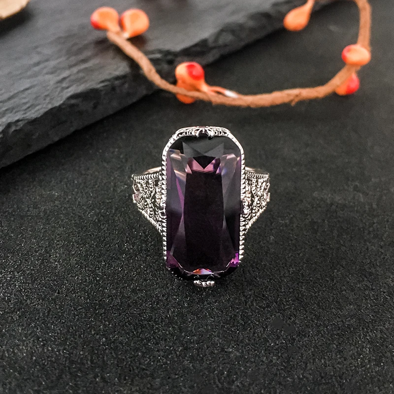 10*20mm Big Amethyst Gemstone Ring Hollowed-out 925 Sterling Silver Rings Exaggerated Silver Hand Jewelry For Women