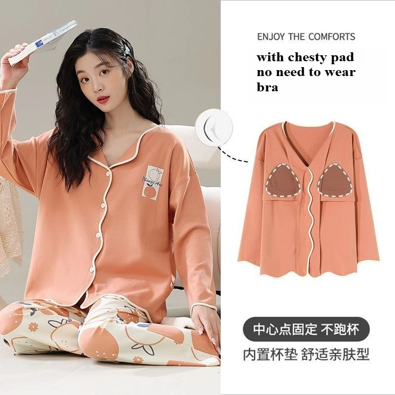 Pijamas De Mujer 2025 New Pajamas for Women with Chast Pad Sleepwear Kawaii Clothes Cute Girl Cardigan Long Sleeves Loungewear