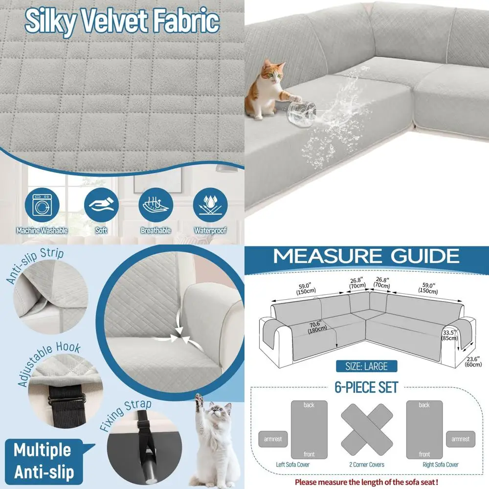 

Large Light Grey Waterproof Velvet Quilted L-Shaped Sectional Sofa Cover with Non-Slip Straps for Pets and Kids Protection