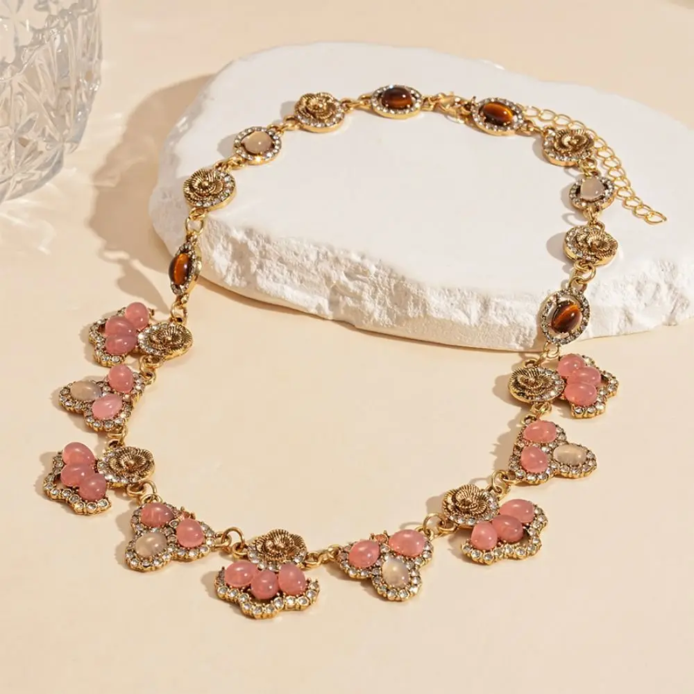 

Inlaid Rhinestone Pink Water Drop Necklace Nature Stone Temperament Flower Necklace Earring Trendy Advanced Clavicle Chain Women