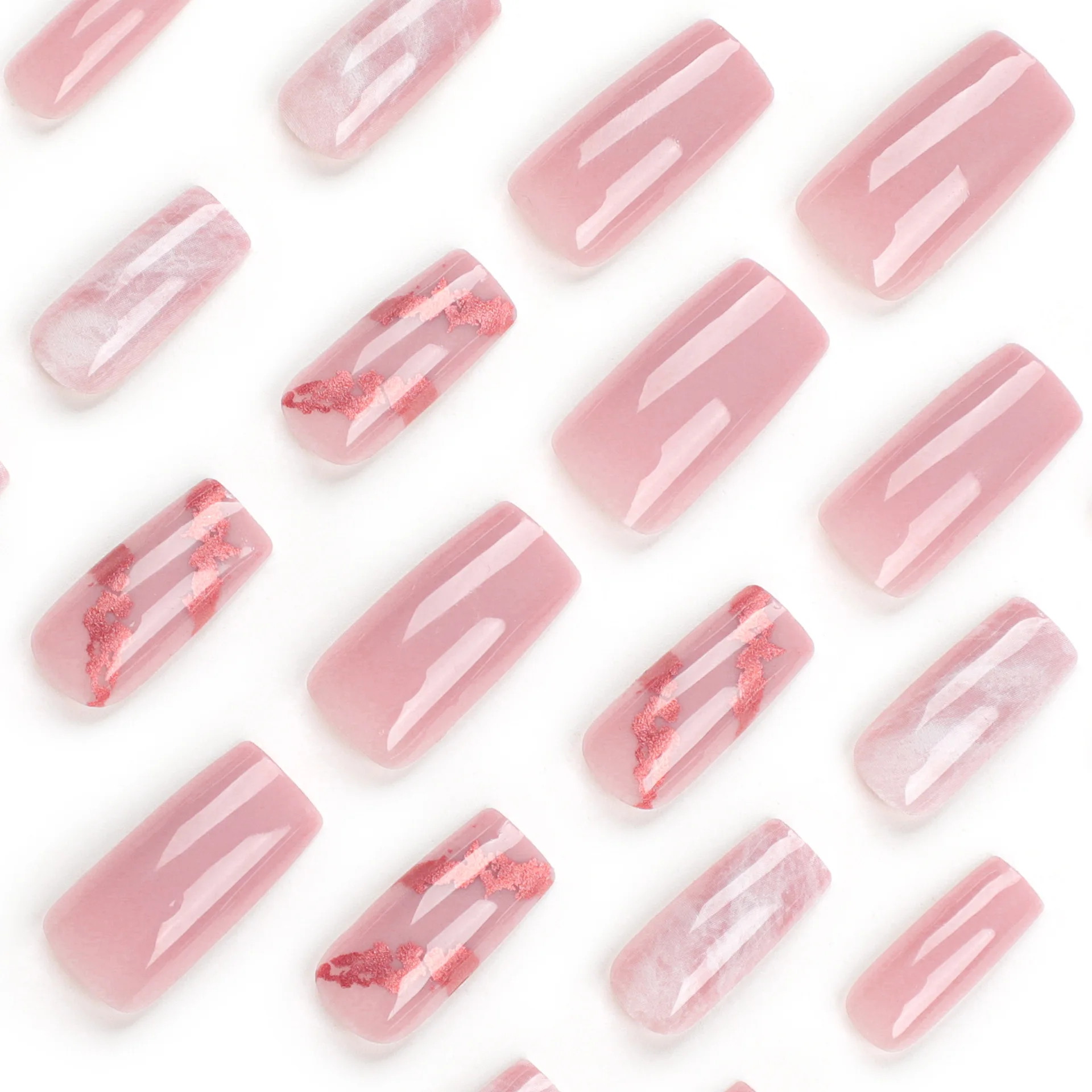 24 pçs simples e doce rosa imprensa em unhas estilo longo carimbo quente em pó branco unhas falsas cobertura completa wearable unhas falsas