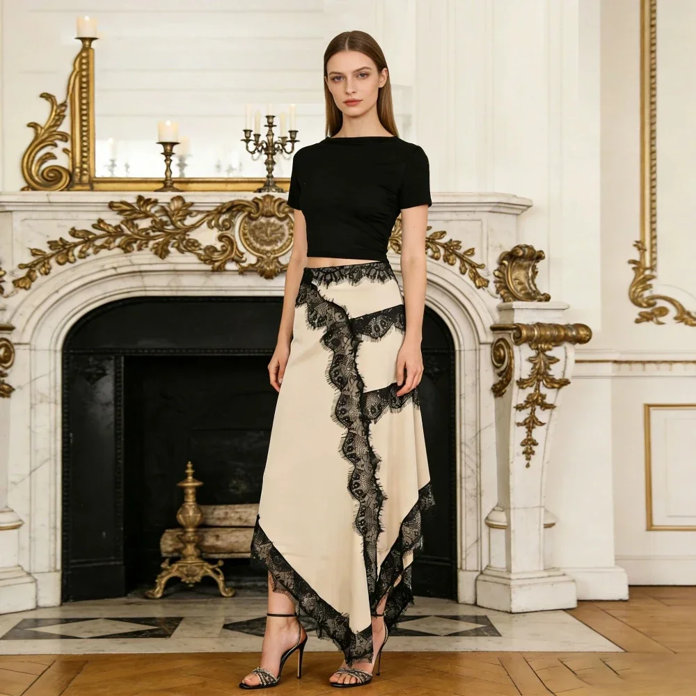 

Модное платье с цветными вставками и кружевом, асимметричный крой, вырез на талии, круглый вырез, короткий рукав, повседневное, элегантное, длинное вечернее платье