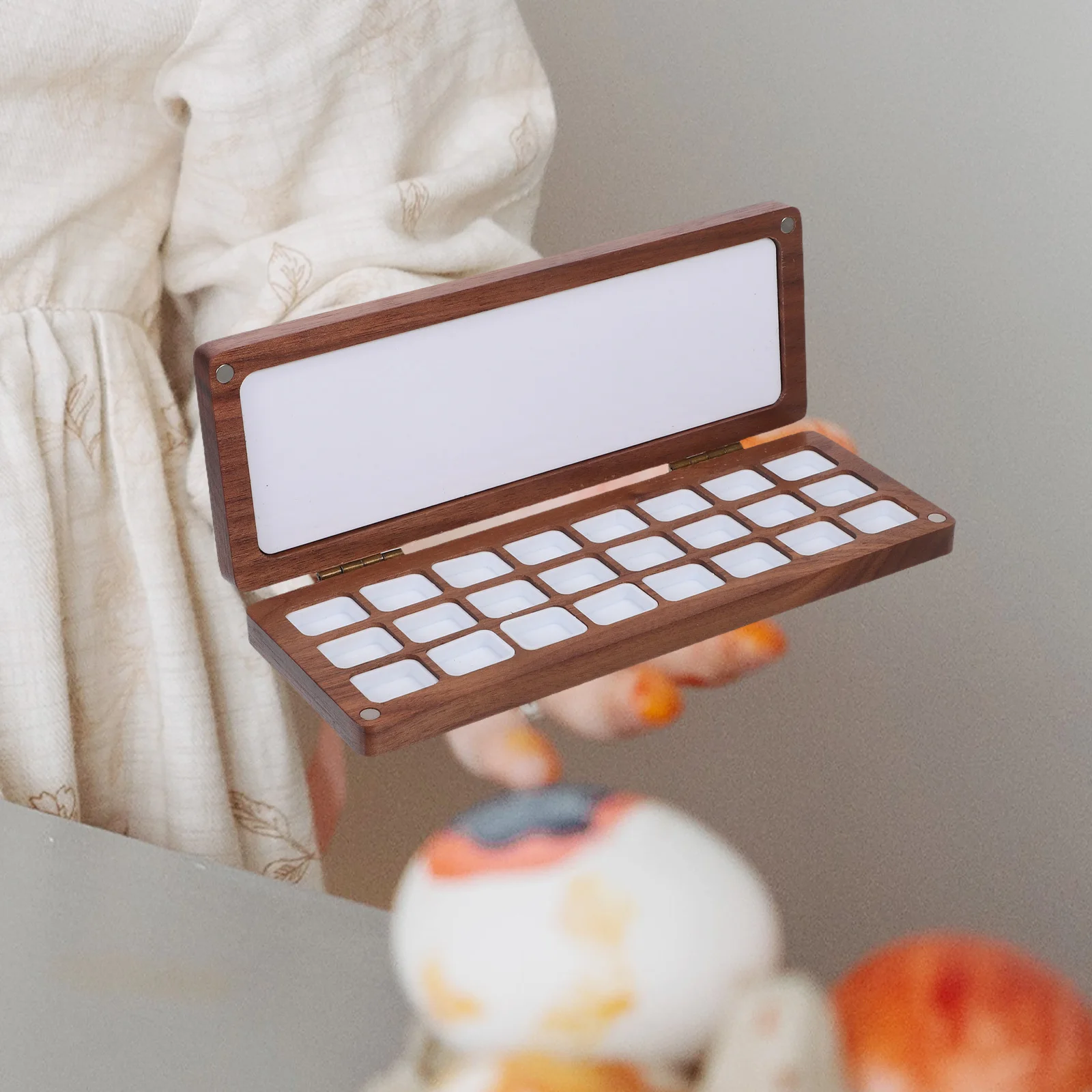 لوحة ألوان مائية من الخشب الصلب فارغة 24 شبكة محمولة مزيج غطاء صينية السفر صندوق طلاء بالألوان المائية رسم خارجي #2