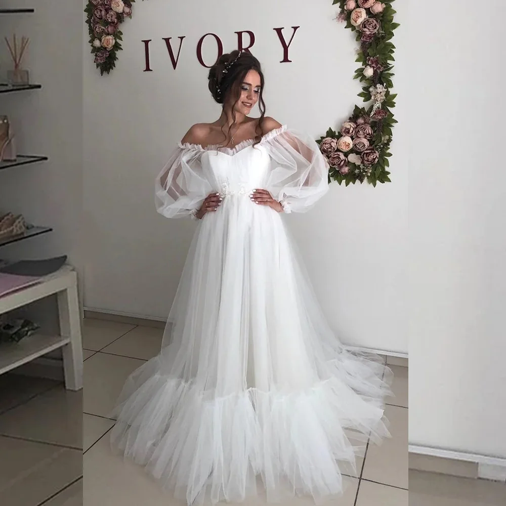 

Classic Off the Shoulder Puffy Tulle Wedding Dress for Women Illusion A-line Court Lace up Long Puff Sleeve Wedding Bridal Gown