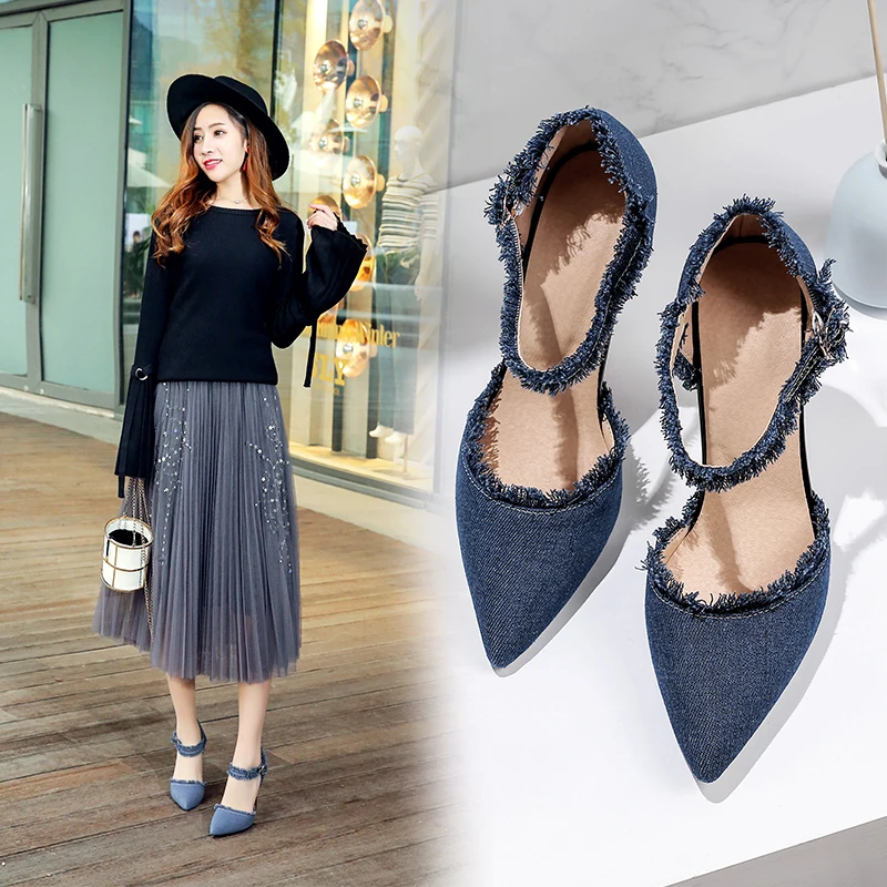European and American denim blue pointed toe thin super high heel strap women\'s flats new stiletto shallow mouth hollow high heels women\'s fashion