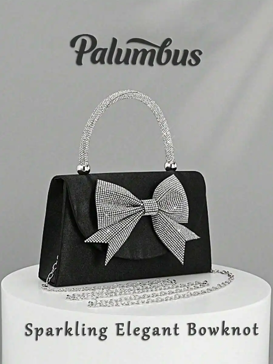 

Elegant Black Satin Evening Clutch With Sparkling Rhinestone Bow And Chain Strap For Formal Events Wedding Party