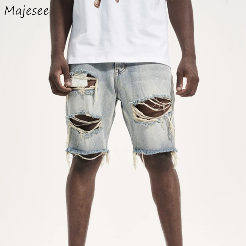 Denim Shorts Men Frayed Vintage Holiday Hole Personality Design Streetwear Fashion Handsome Beach Style All-match Шорты Мужские