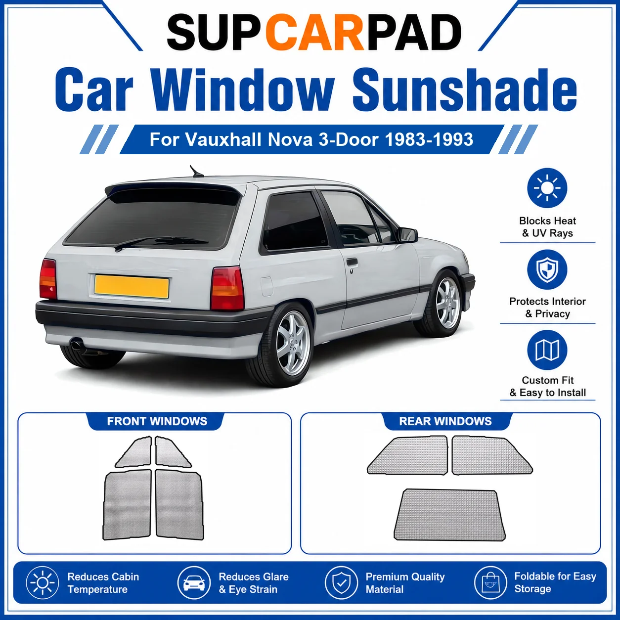 For Vauxhall - Vauxhall Nova 3-Door 1983-1993 Full Set Car Window Sunshades UV Block Privacy Heat Insulated Foldable Car Curtain