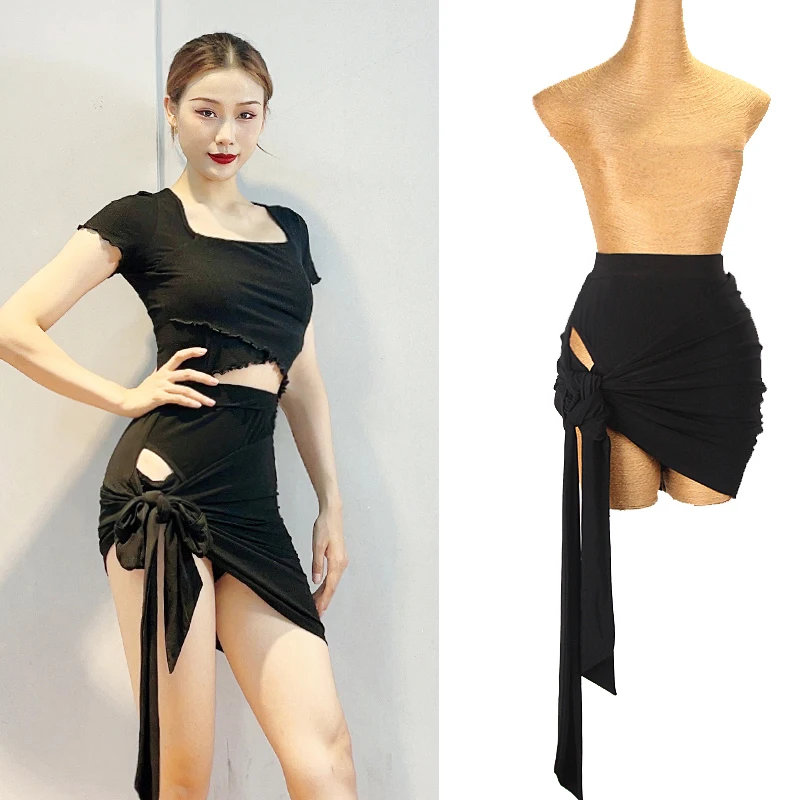 2025 trajes de dança latina feminina saia preta irregular oco roupas prática adulto feminino chacha rumba dança wear dql12232