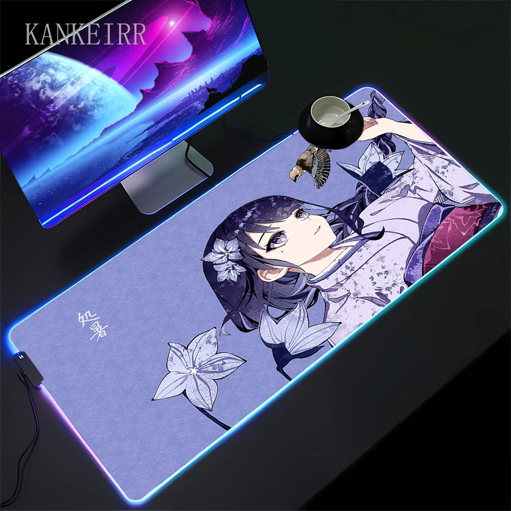 

Коврик для мыши со светодиодной подсветкой, светящиеся коврики для мыши Genshin Impact Raiden Shogun RGB, крутой геймерский коврик для клавиатуры, коврик для мыши, резиновый игровой компьютерный коврик для мыши