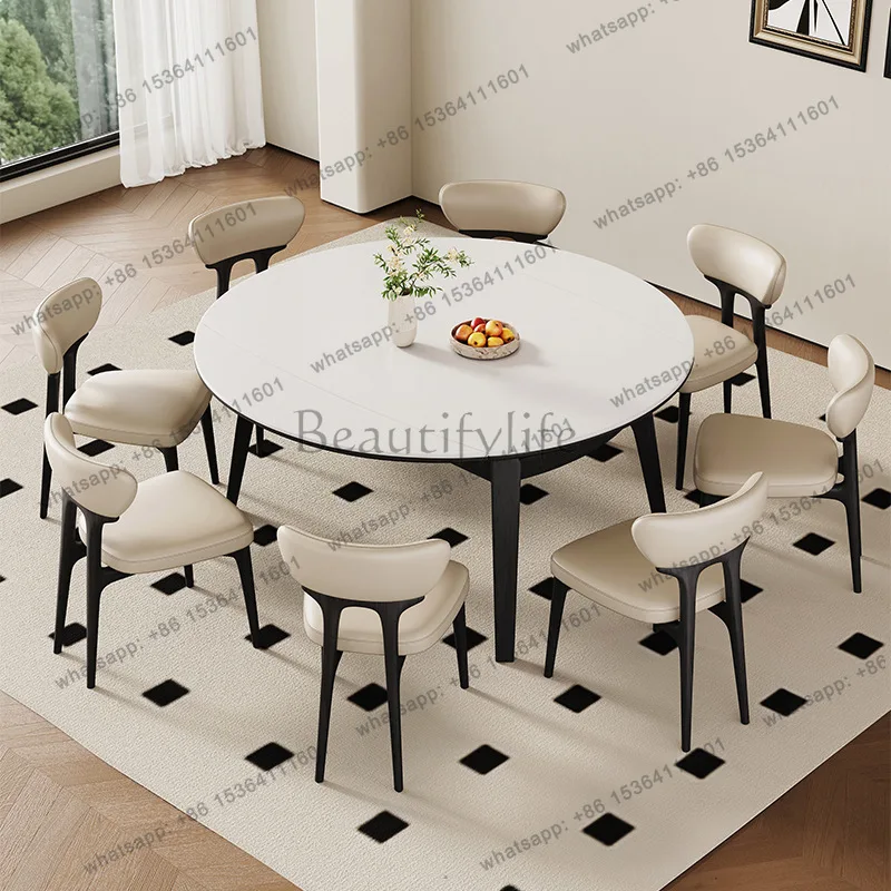 

yj58 French slate dining table black modern simple solid wood round small apartment retractable