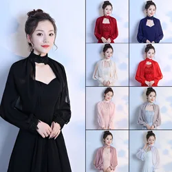 Elegant Womens Bolero Wedding Cardigan Lantern Sleeve Hollow Lace Chiffon Stand Collar Button Shrugs Shawls for Dress Accessory