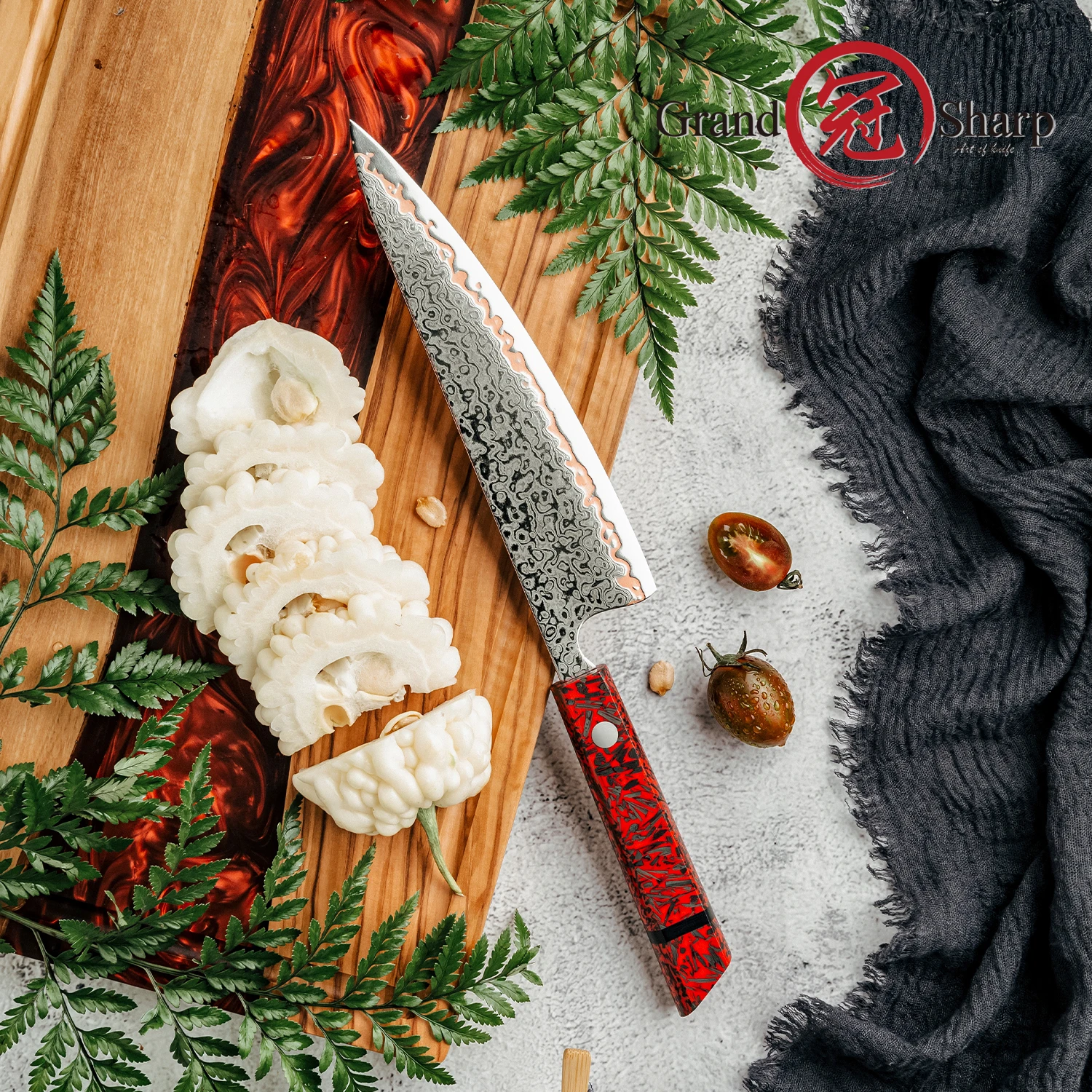 

Grandsharp 8''Chef Knife 55 Layers Copper Damascus Steel Kitchen Knife Red Resin Carbon Fiber Handle Professional Cooking Tool