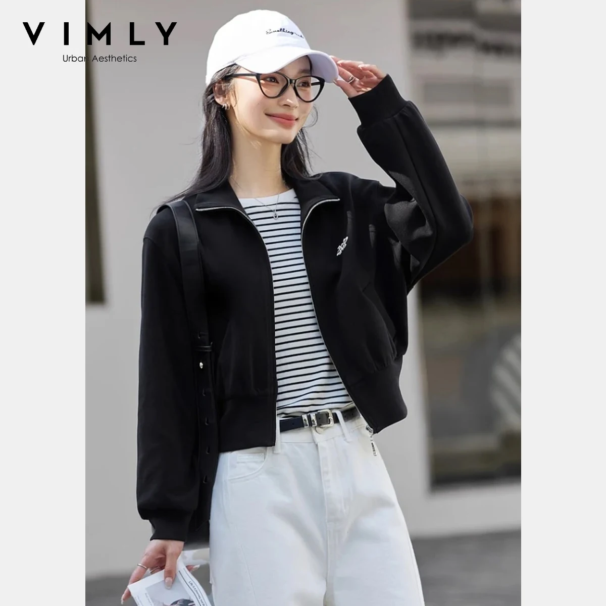 

VIMLY женские черные укороченные куртки с вышивкой, осень-весна 2022, спортивная шикарная повседневная короткая куртка на молнии с длинными рукавами A0738