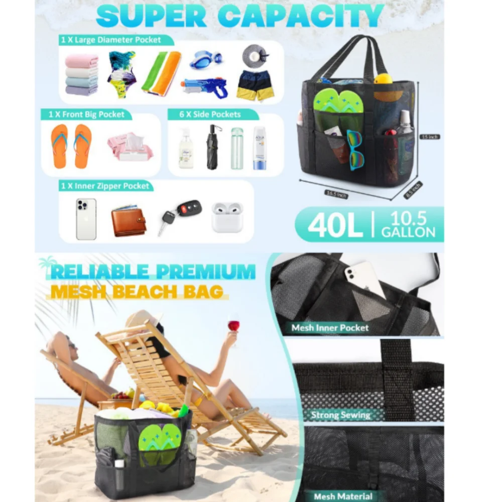

Organizer Handbag Portable Mesh Beach Bag Portable Tote Bags Sand-Resistant Multifunction Travel Bag For Storage Pool Travel