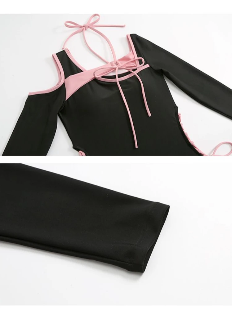 Y2K retro Harajuku style hot girl black long sleeved ins style one-piece swimsuit hot spring vacation sexy backless swimsuit