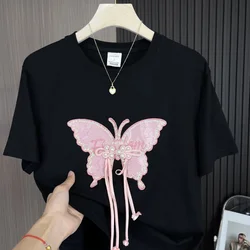 Bamboo Butterfly Patchwork Letter Embroidery T-shirt Women Plus Size Chinese Sequin Bead Flower Knot Top 2024 New Summer Tee Y2k