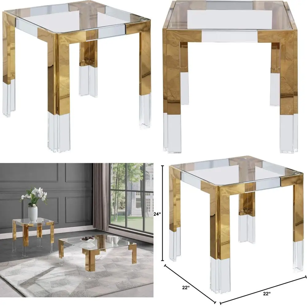 

Современный квадратный приставной столик со стеклянной столешницей и прочным основанием из нержавеющей стали и акрила, 22x22x24, золотой