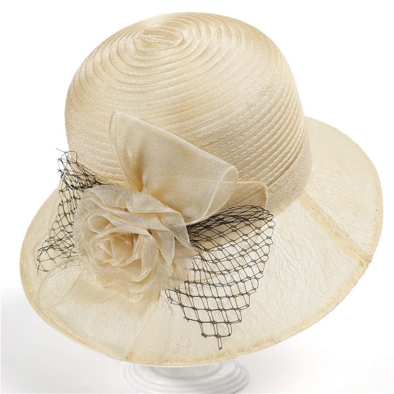 Bowknot-Organza Kentucky-Derby Sun-Hat for Women Bowler Church Straw-Fascinators-Hat Wedding Cocktail Tea-Party Spring Summer