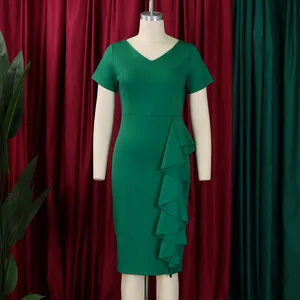 Elegante Kirchenkleider für Frauen, Bodycon gegen Hals, Rüschen, kurze Ärmel, dünn, elegant, Bürodamen, Arbeitsposten, Afrikaner, Kleider 8 Hauptverkäufe Modesto Frauenkleider - №3
