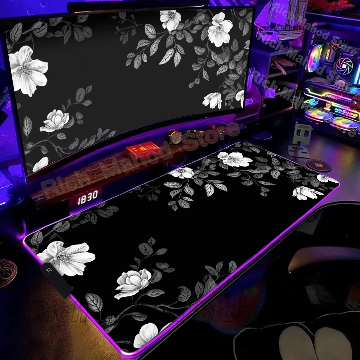

RGB Glow Gaming Desk Mat Aesthetic Black Plant Mousepad Large LED Minimalist Flower Mouse Pad Anti-Slip Base for PC Gamer Carpet