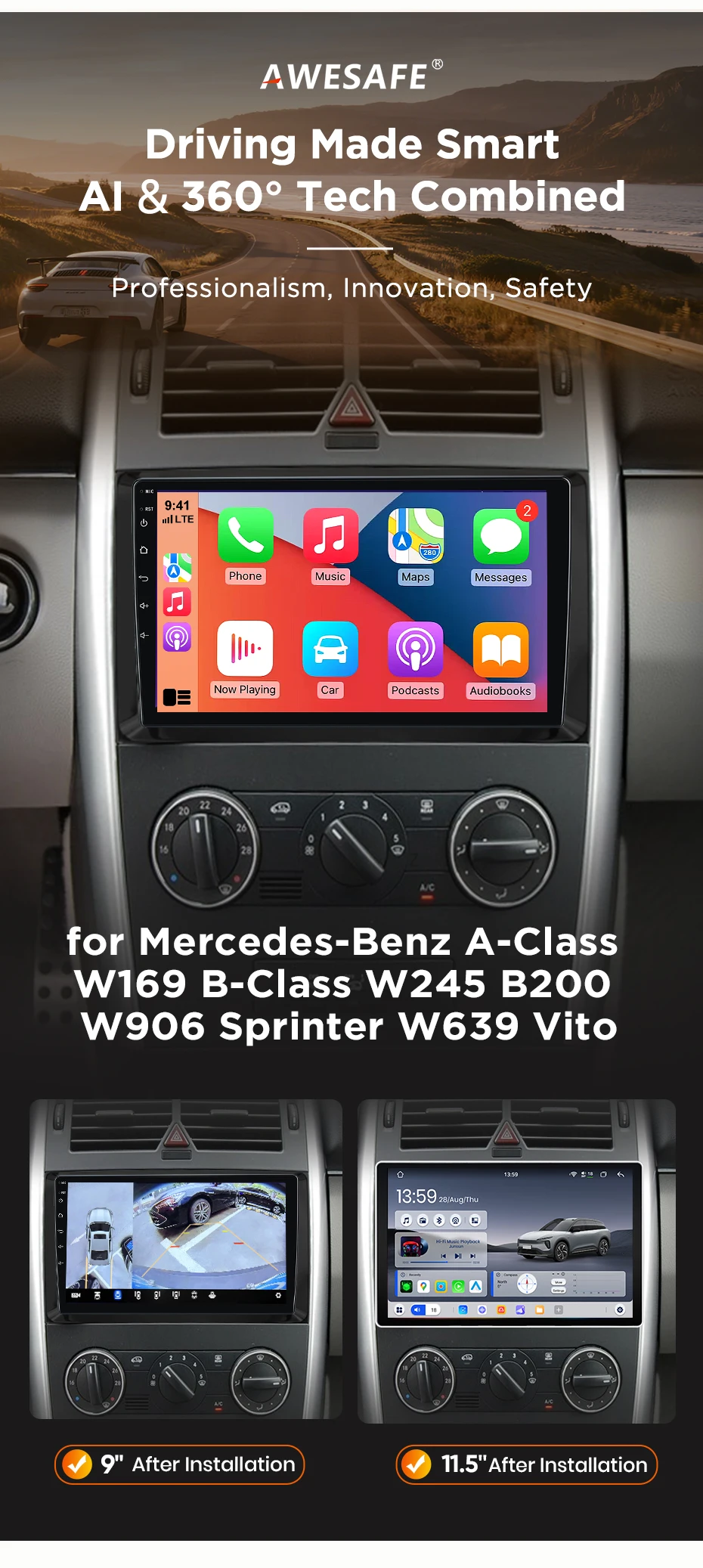 AWESAFE Kabelloses CarPlay Android Auto Radio für Mercedes Benz W245 W169 B200 W906 Sprinter Vito W639 Plug & Play FM GPS Stereo – Detail 5