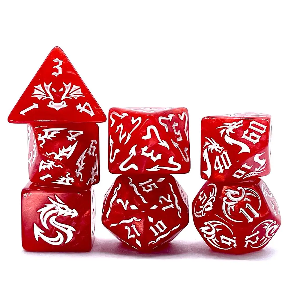 7Pcs Red Swirl Acrylic DND Dice Set White Embossed Dragon Pattern Polyhedral RPG Dice For Tabletop Role Playing Board Game Dice