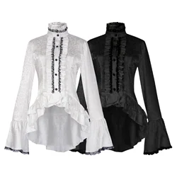 Gothic Mock Neck Blouse Lace Up Flare Sleeves Ruffles Layered Asymmetric Button T-Shirt Women Victorian Shirt Steampunk Top