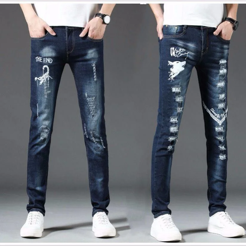 

Personalized youth embroidery ripped jeans men beggar feet pants casual stretch blue feet pants men fashion casual jeans